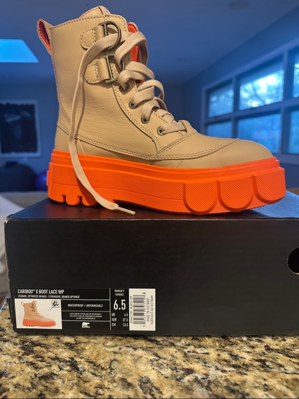 Sorel Women’s Beige Boot with Bright Orange Platform Sole - Picture 3 of 5